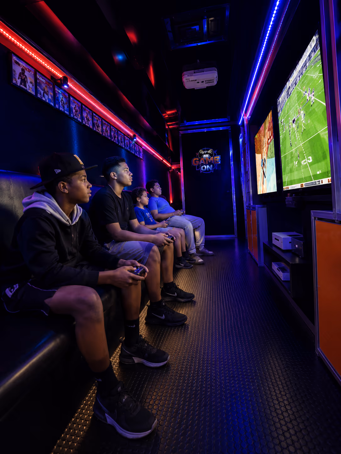 Video game truck interior in Miami with LED lighting and HD screens