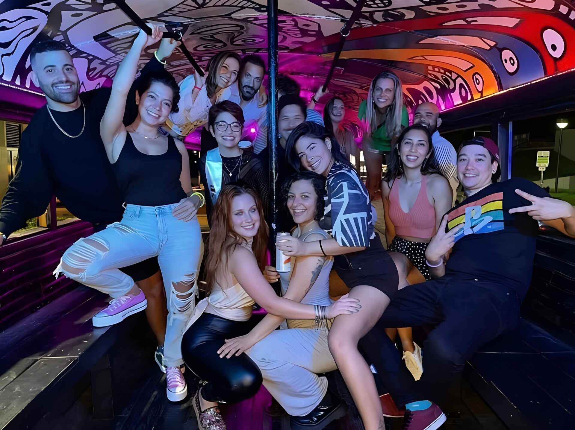 Party crowd inside Orlando bus